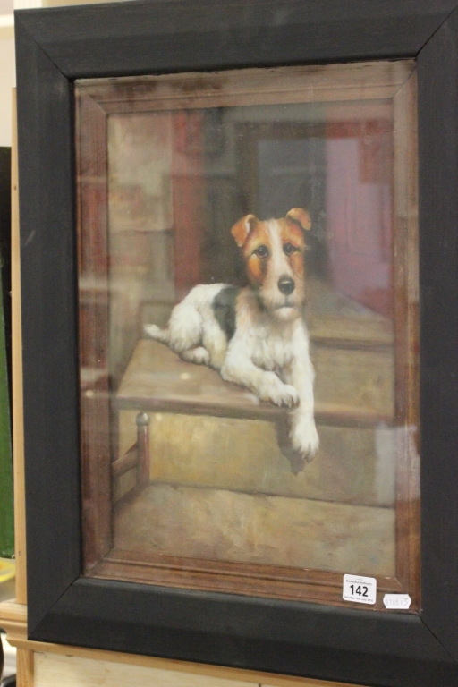 A framed oil painting; study of a terrier on a doorstep