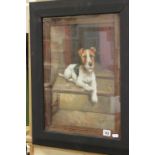 A framed oil painting; study of a terrier on a doorstep