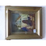 An oil on panel gilt framed study of cat and kittens in a Victorian parlour