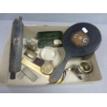 A small box of various collectables to include; gold plated gentleman's pocket watch, small hipflask