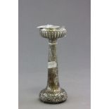 A late Victorian silver hallmarked bud vase; James Dixon & Sons, Sheffield 1896; embossed with