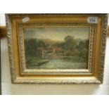 Small oil on board, rural river scene with houses and church, inscribed verso 'River Thames Sonning'