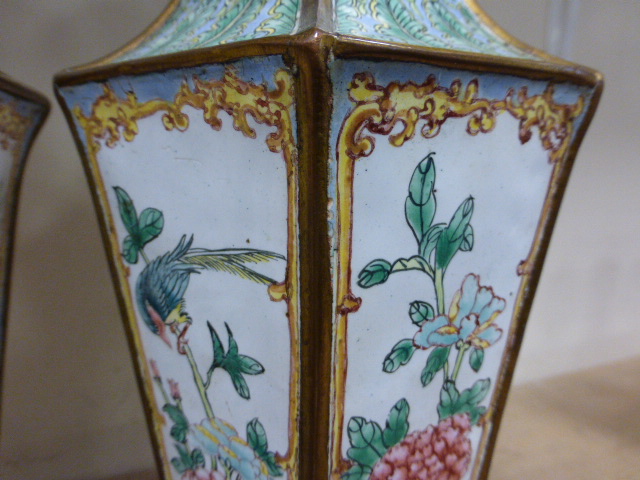 A pair of Chinese Canton enamel hexagonal vases, decorated with panels of birds and flowers, 23cm - Image 4 of 8