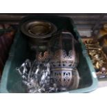 A box of various silver plate, metalware and chandeliers