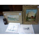 A small group of early 20th century and later paintings and prints; to include sailing boats on