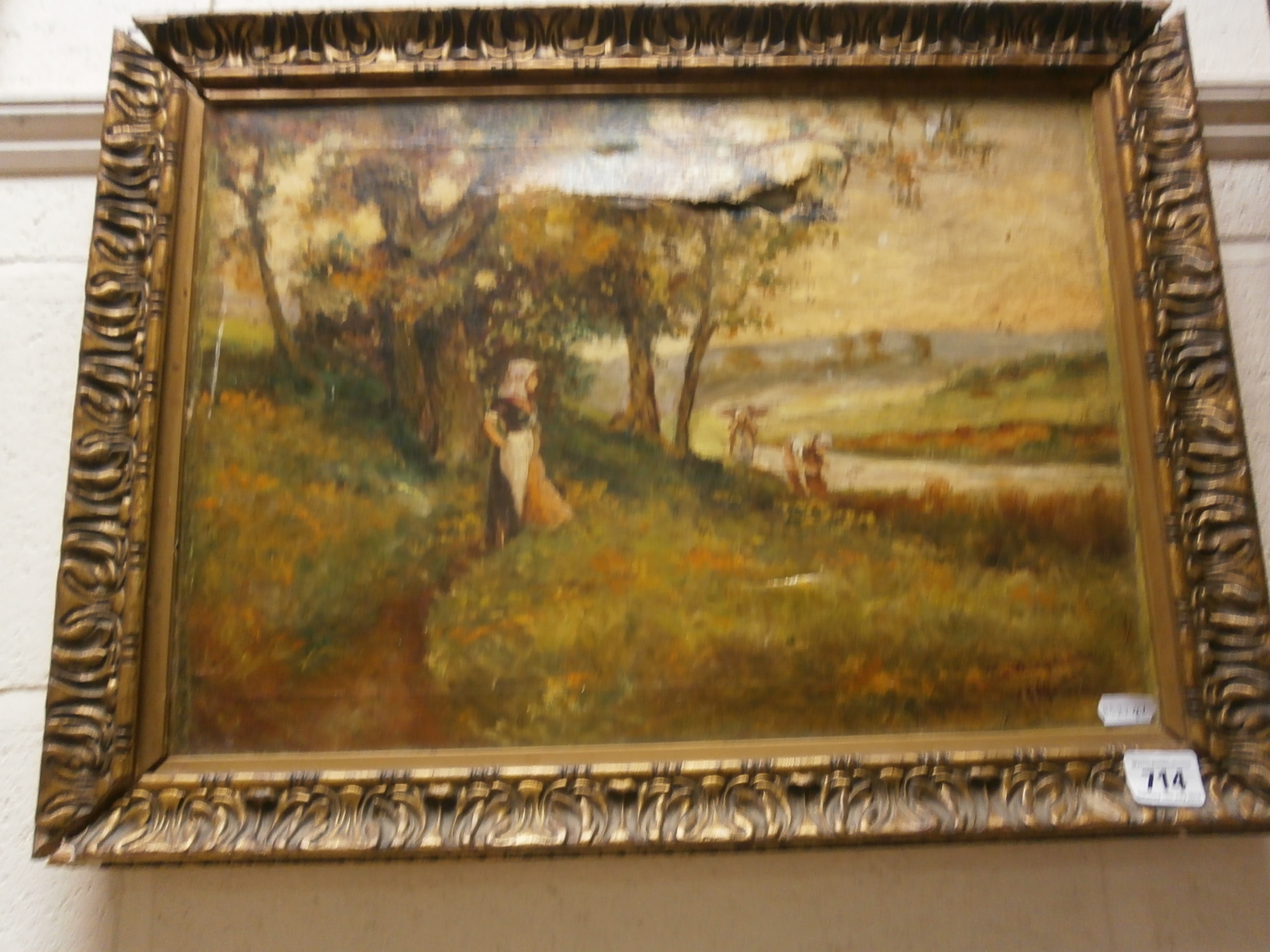 Oil on canvas early 20th century figures in a rural landscape