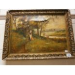 Oil on canvas early 20th century figures in a rural landscape