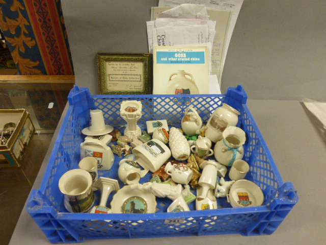 A box of mainly Goss crested china together with leaflets and books relating to Goss china