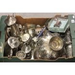 A box of miscellaneous silver plated items; to include coffee pots, baskets etc