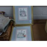 Pair of framed 1836 French fashion engravings 'Le Miroir des Dames' hand coloured