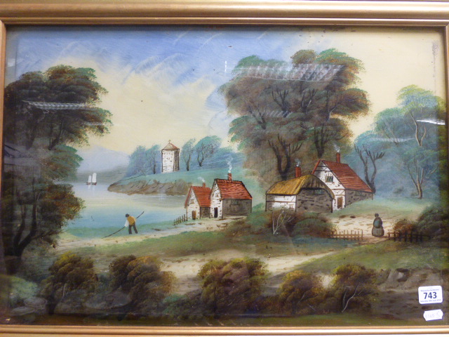 19th century; oil on glass; a tranquil river scene with cottages and farm folk - Image 2 of 2