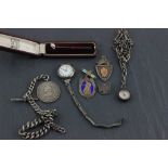 Two hallmarked silver pocket watch chains; complete with fobs together with silver watch etc