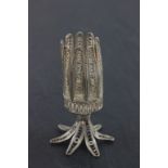 A small 925 continental silver standard filigree candlestick; raised on splayed feet