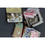 Mixed world coins plus cigar boxes and cards in tins