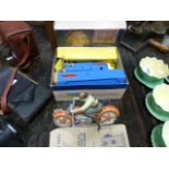 Boxed Vulcan Regal childs sewing machine and a tin plate Technofix motorbike