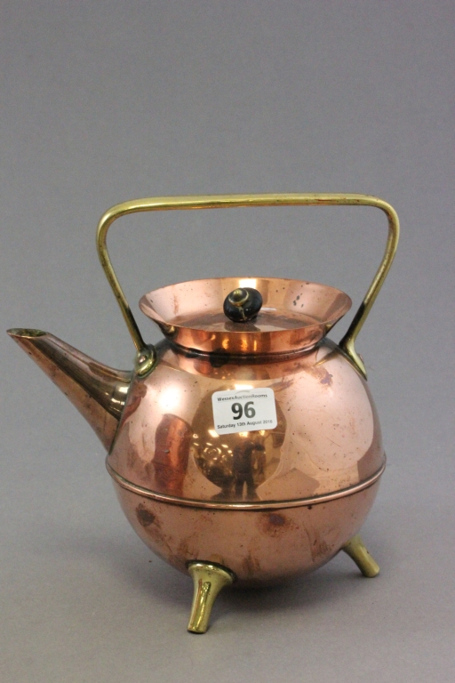 Christopher Dresser design for Benham & Froud Copper Kettle with Brass Handle and Tripod Brass Feet,