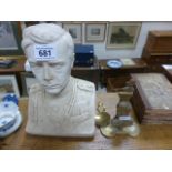 A painted bust of Edward VII together with a brass desk tidy in the form of Edward VII