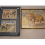 20th century; watercolour; a male lion together with two mid 20th century watercolours of French