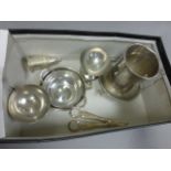 A box of various silver plate to include Mappin & Webb grape scissors; Elkington & Co goblet;