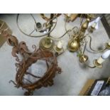 Six branch brass electrolier in the Dutch taste together with a Gothic style hanging wall fitting
