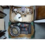 Two boxes of various collectibles to include lamps, silver plate etc