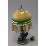 Tiffany Style Table Lamp with Yellow / Green Mottled Glass Shade and Beaded Fringe