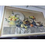 A large still life; food on a table; watercolour; framed