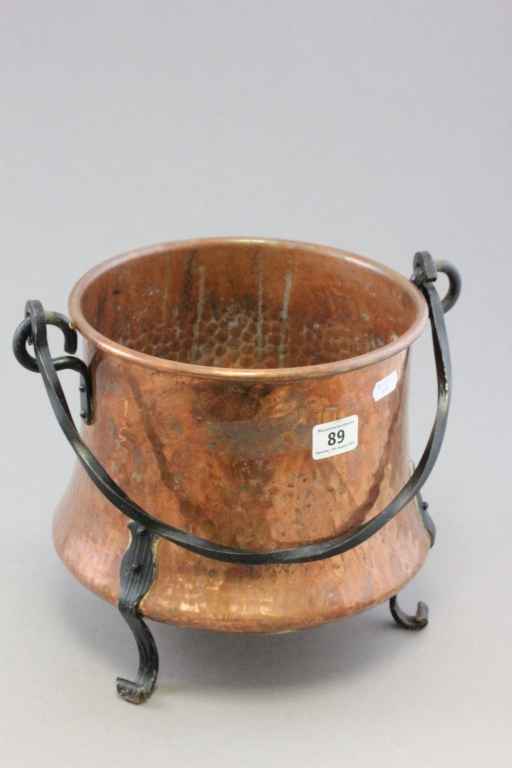 Hammered Copper Jardiniere with Iron Swing Handle and Tripod Legs
