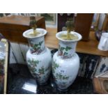 A pair of Chinese porcelain table lamps; decorated with boughs of blossom