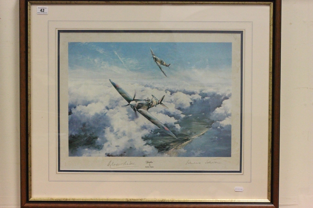 Aviation - Framed & glazed Robert Taylor ' Spitfire ' print signed by Douglas Bader and Johnnie