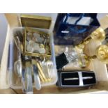 Quantity of items to include pair of Pricket candlesticks, pens, coins, plated flatware etc