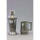 A Huikee Pewter cocktail shaker; together with shot glasses and pewter tankard; all with engraved