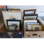 A vast selection of framed pictures to include a signed woodcut of ducks, a watercolour of a cat