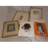 13 Various watercolours of dogs, cats and other animals W. Lewis and an Oriental framed embroidery