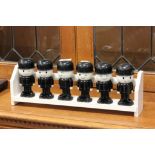 Set of Six Spillers Homepride ' Fred ' Spice Jars on Painted Wooden Stand