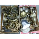 Two boxes of various brass and other metalware to include candlesticks; horn etc