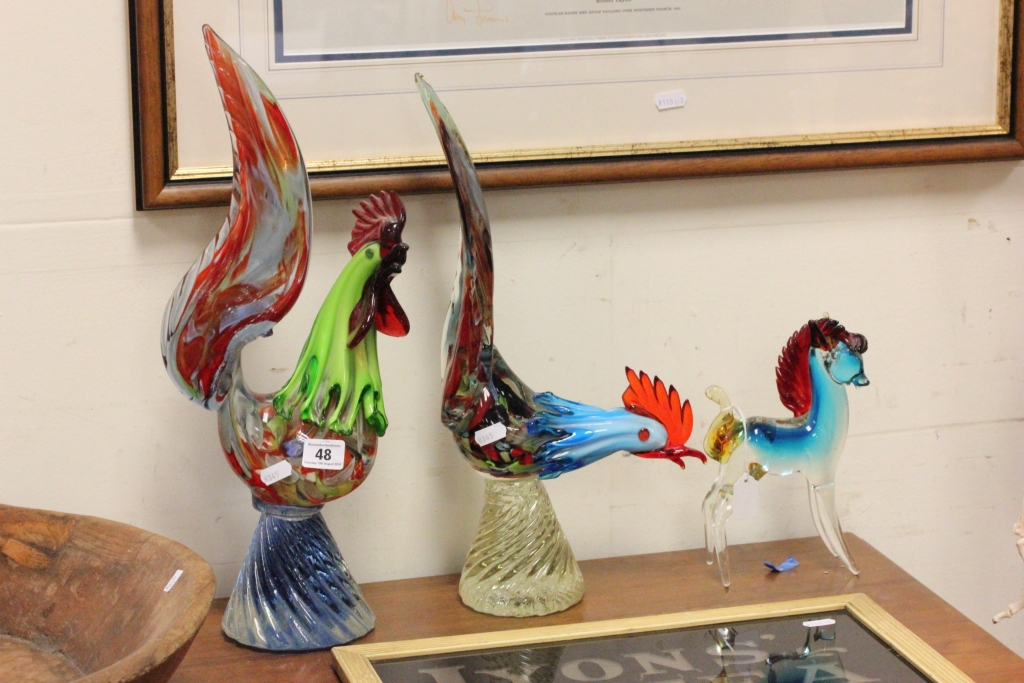 Two Murano style glass cockerals; together with a similarly decorated glass horse