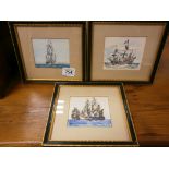 Three attractive watercolours of sailing ships signed Raffaele in Hogarth style frames