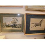 Two equine watercolours; Horse at full gallop and another of horses in a meadow; both indistinctly