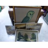 A small collection of pictures and prints; to include a large print of an owl