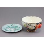 Continental Majolica Strawberry Patterned Plate together with a 19th century Crab Bowl with Silver