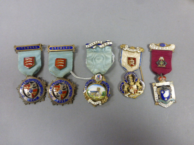 Five Masonic silver & enamel medals including founders medal