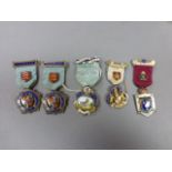 Five Masonic silver & enamel medals including founders medal