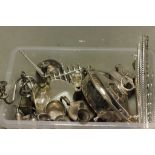 Large box of mixed silver plated items to include; candelabra, warming pan, toast rack, rose bowl