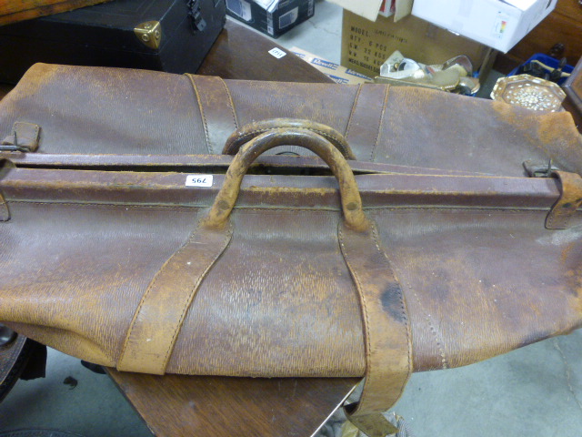 An early 20th century leather cricket bag initialled P.G.S. for Portsmouth Grammar school and