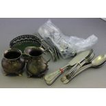 A box of various silver plated items; to include a Georgian silver plated pierced coaster;