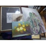 Folder of Watercolours, Prints and Photographs including an Etching of Dogs by F G Coleridge and