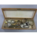 Vintage wooden box with bone crochet hooks, silver plated cutlery Georgian silver spoon etc