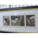 A signed print of three hunting dogs; framed and glazed