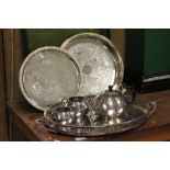 Three vintage silver plated trays, 2 with galleries & a 3 piece Britannia metal tea set